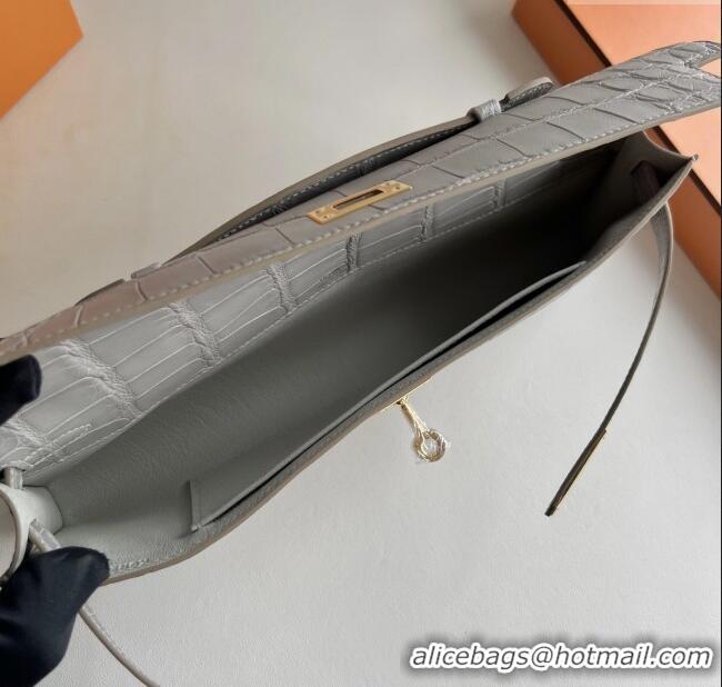 Spot Discount Hermes Kelly Cut Clutch Bag in Matt Alligator Leather CK80 Pearl Grey/Gold (Full Handmade)