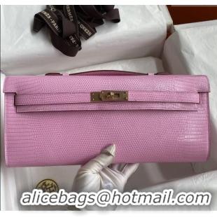 Famous Brand Hermes Kelly Cut Clutch Bag in Original lizard Leather H0320 Sakura Pink/Rosy Gold (Full Handmade)