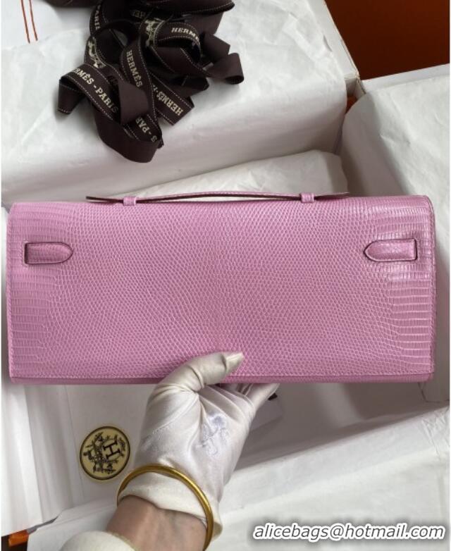 Famous Brand Hermes Kelly Cut Clutch Bag in Original lizard Leather H0320 Sakura Pink/Rosy Gold (Full Handmade)