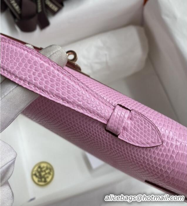 Famous Brand Hermes Kelly Cut Clutch Bag in Original lizard Leather H0320 Sakura Pink/Rosy Gold (Full Handmade)