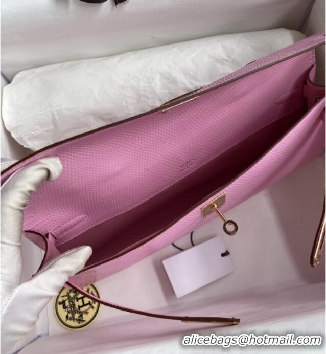 Famous Brand Hermes Kelly Cut Clutch Bag in Original lizard Leather H0320 Sakura Pink/Rosy Gold (Full Handmade)
