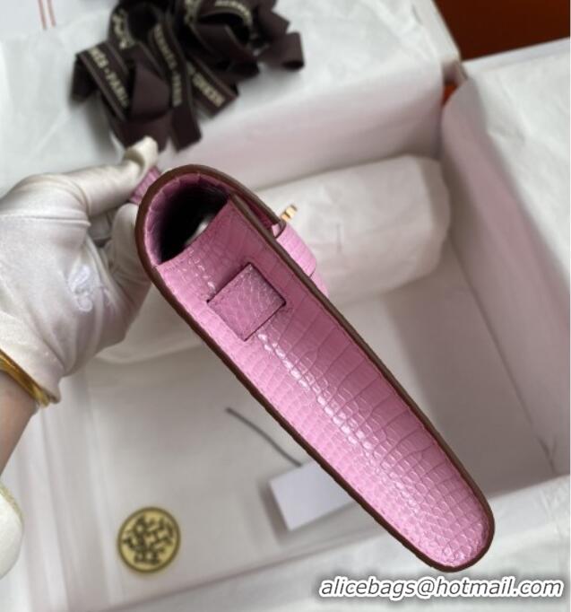 Famous Brand Hermes Kelly Cut Clutch Bag in Original lizard Leather H0320 Sakura Pink/Rosy Gold (Full Handmade)