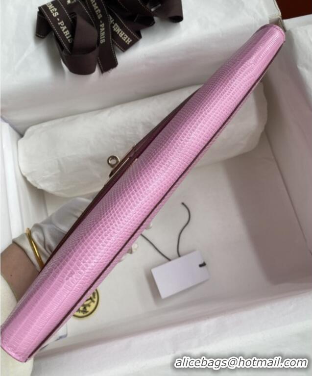 Famous Brand Hermes Kelly Cut Clutch Bag in Original lizard Leather H0320 Sakura Pink/Rosy Gold (Full Handmade)