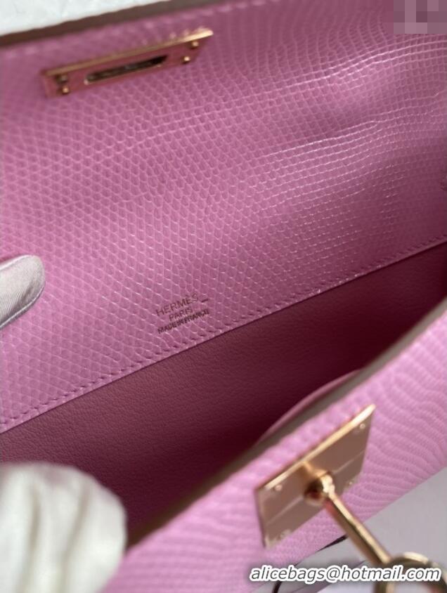 Famous Brand Hermes Kelly Cut Clutch Bag in Original lizard Leather H0320 Sakura Pink/Rosy Gold (Full Handmade)
