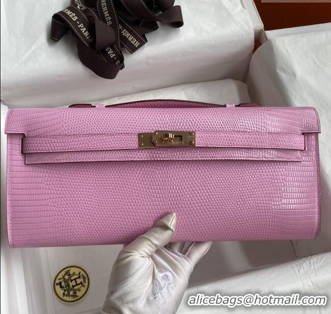 Famous Brand Hermes Kelly Cut Clutch Bag in Original lizard Leather H0320 Sakura Pink/Rosy Gold (Full Handmade)