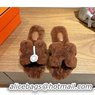 Top Grade Hermes Oran Sandals in Shearling Wool H101601 Brown 5101601