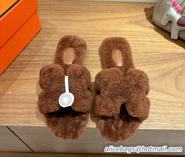 Top Grade Hermes Oran Sandals in Shearling Wool H101601 Brown 5101601