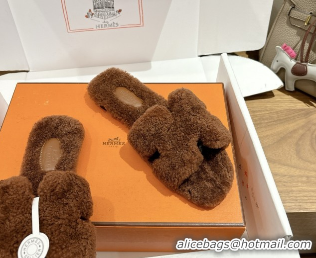 Top Grade Hermes Oran Sandals in Shearling Wool H101601 Brown 5101601