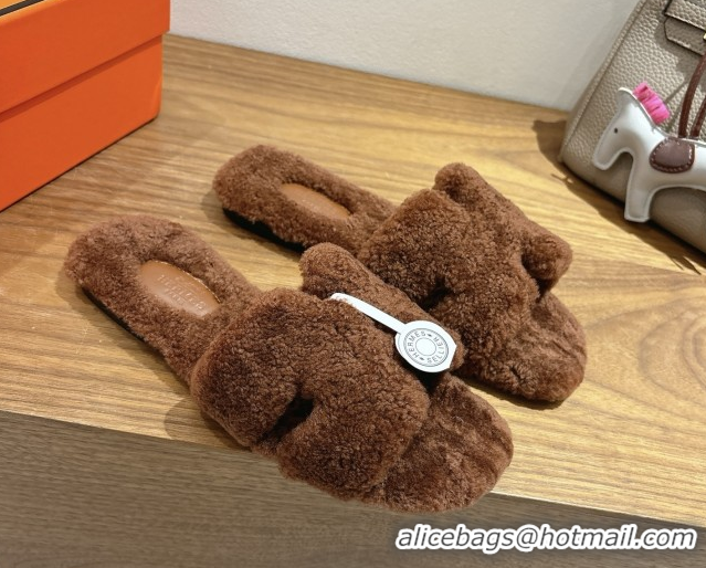 Top Grade Hermes Oran Sandals in Shearling Wool H101601 Brown 5101601