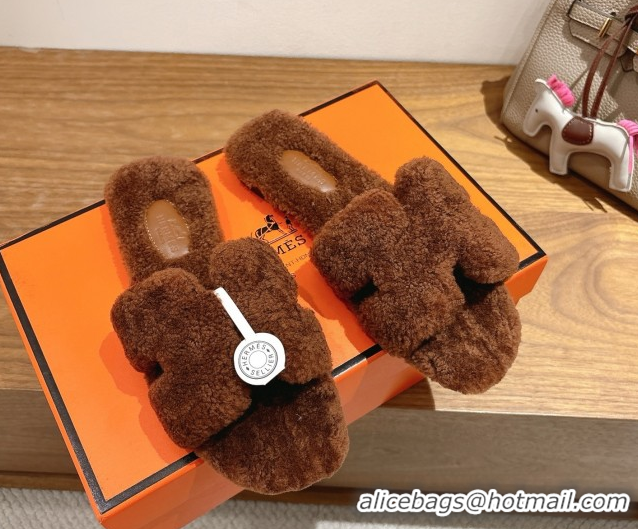 Top Grade Hermes Oran Sandals in Shearling Wool H101601 Brown 5101601
