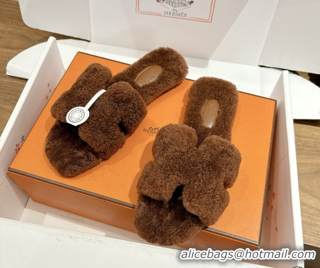 Top Grade Hermes Oran Sandals in Shearling Wool H101601 Brown 5101601
