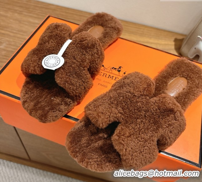Top Grade Hermes Oran Sandals in Shearling Wool H101601 Brown 5101601