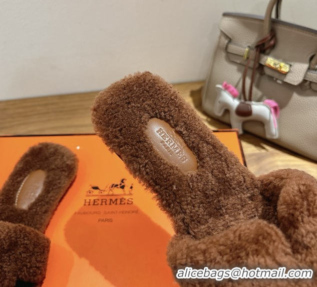 Top Grade Hermes Oran Sandals in Shearling Wool H101601 Brown 5101601