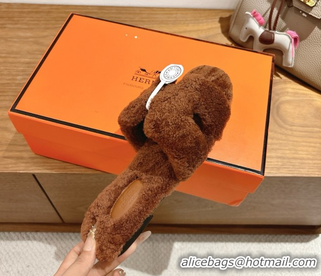 Top Grade Hermes Oran Sandals in Shearling Wool H101601 Brown 5101601