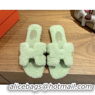Best Price Hermes Oran Sandals in Shearling Wool H101602 Light Green