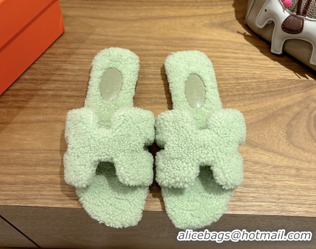 Best Price Hermes Oran Sandals in Shearling Wool H101602 Light Green