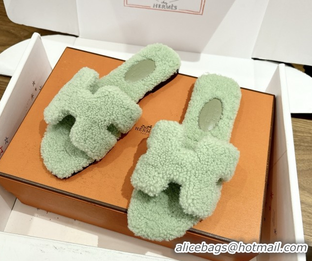 Best Price Hermes Oran Sandals in Shearling Wool H101602 Light Green