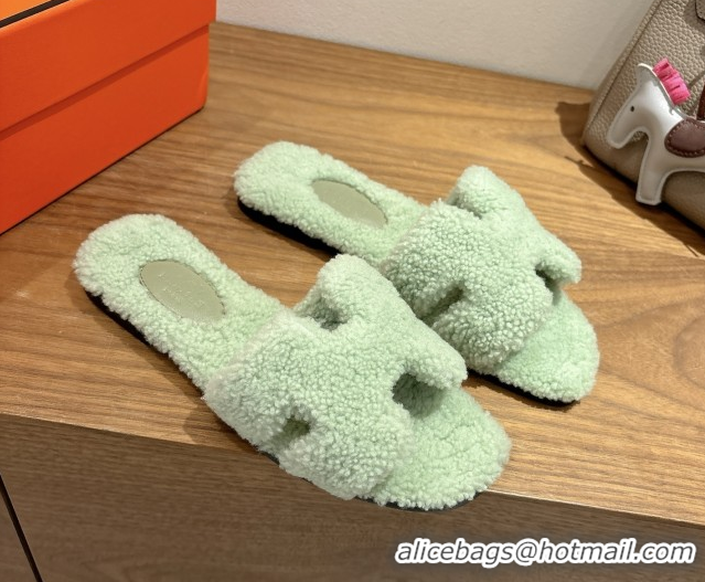 Best Price Hermes Oran Sandals in Shearling Wool H101602 Light Green