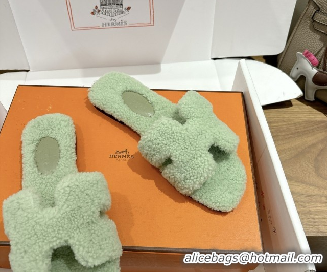 Best Price Hermes Oran Sandals in Shearling Wool H101602 Light Green