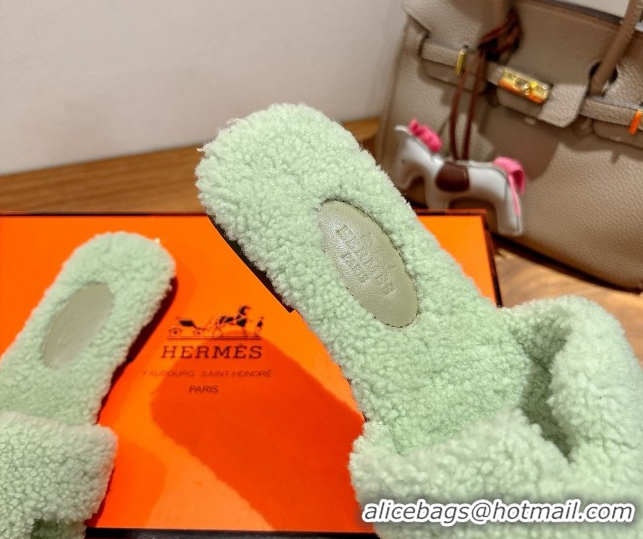 Best Price Hermes Oran Sandals in Shearling Wool H101602 Light Green
