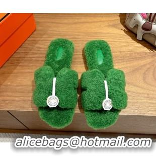 Good Quality Hermes Oran Sandals in Shearling Wool H101603 Green