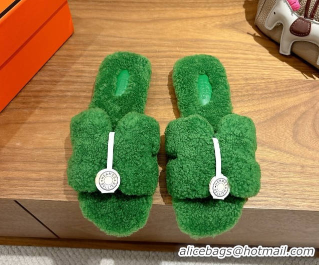 Good Quality Hermes Oran Sandals in Shearling Wool H101603 Green
