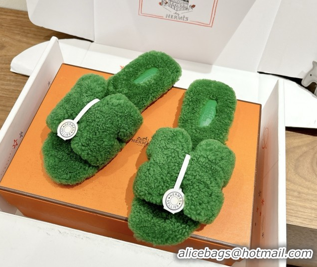 Good Quality Hermes Oran Sandals in Shearling Wool H101603 Green