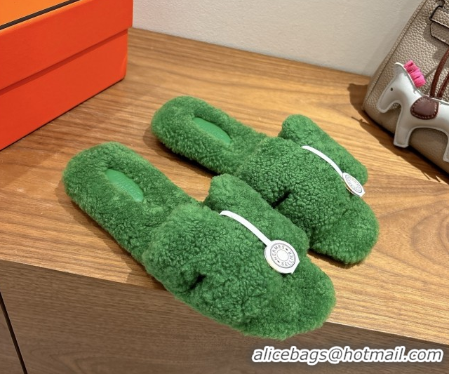 Good Quality Hermes Oran Sandals in Shearling Wool H101603 Green