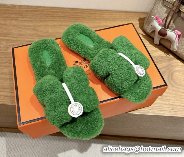Good Quality Hermes Oran Sandals in Shearling Wool H101603 Green