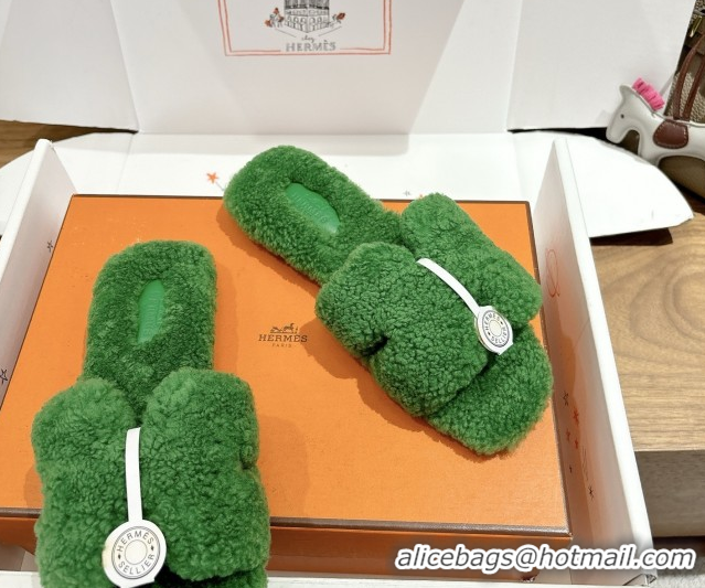 Good Quality Hermes Oran Sandals in Shearling Wool H101603 Green