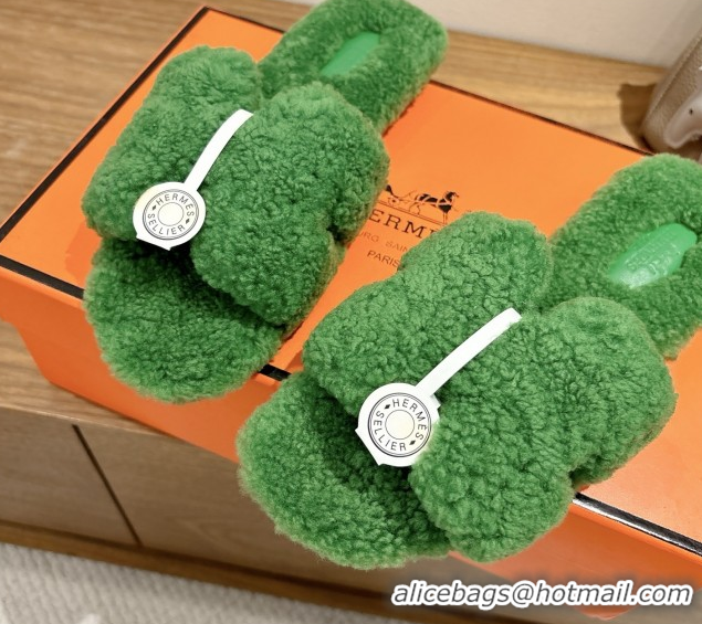Good Quality Hermes Oran Sandals in Shearling Wool H101603 Green