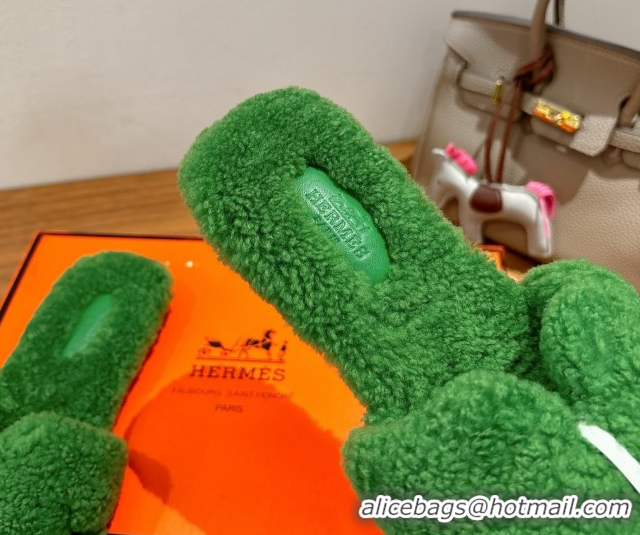 Good Quality Hermes Oran Sandals in Shearling Wool H101603 Green
