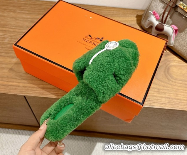 Good Quality Hermes Oran Sandals in Shearling Wool H101603 Green