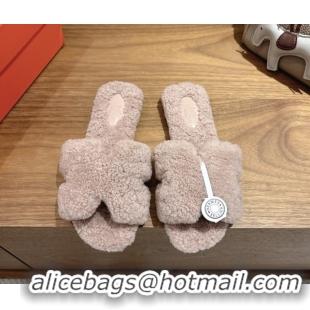 Pretty Style Hermes Oran Sandals in Shearling Wool H101604 Nude Pink