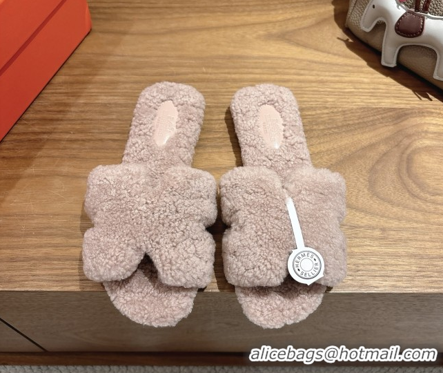 Pretty Style Hermes Oran Sandals in Shearling Wool H101604 Nude Pink
