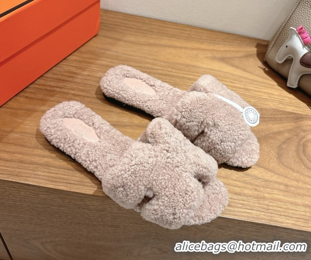 Pretty Style Hermes Oran Sandals in Shearling Wool H101604 Nude Pink