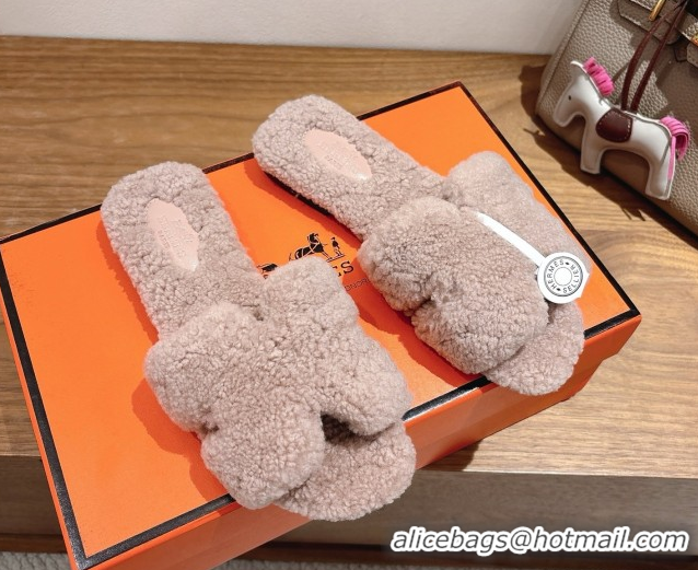 Pretty Style Hermes Oran Sandals in Shearling Wool H101604 Nude Pink