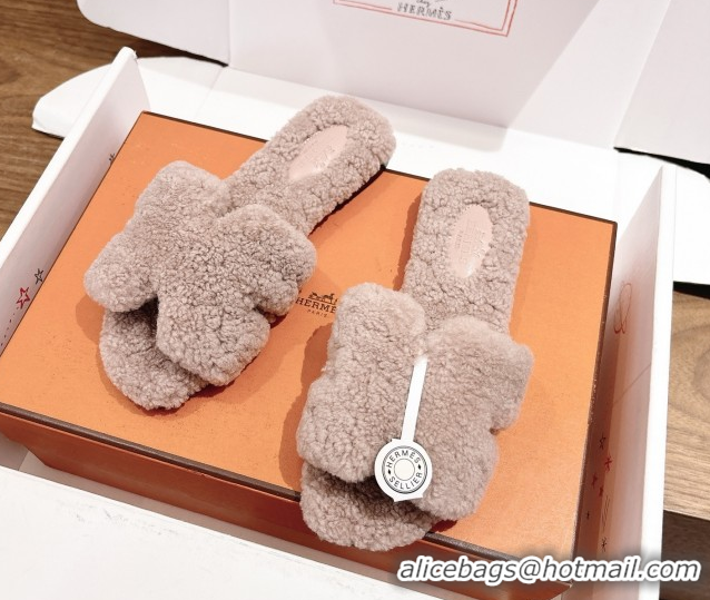 Pretty Style Hermes Oran Sandals in Shearling Wool H101604 Nude Pink