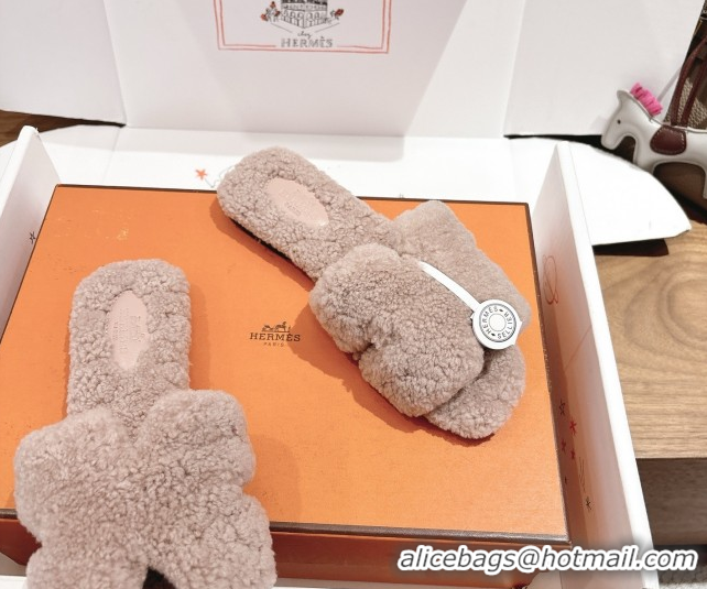 Pretty Style Hermes Oran Sandals in Shearling Wool H101604 Nude Pink