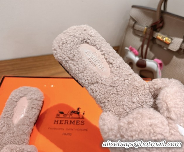 Pretty Style Hermes Oran Sandals in Shearling Wool H101604 Nude Pink