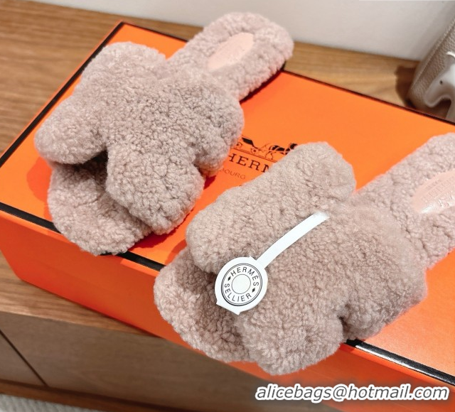 Pretty Style Hermes Oran Sandals in Shearling Wool H101604 Nude Pink
