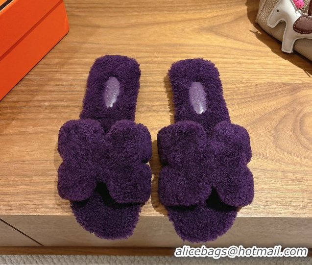 Shop Duplicate Hermes Oran Sandals in Shearling Wool H101605 Purple