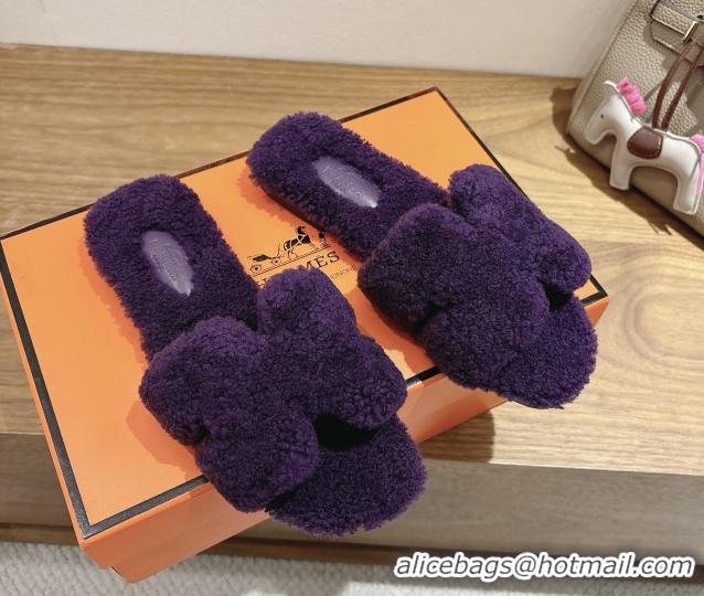 Shop Duplicate Hermes Oran Sandals in Shearling Wool H101605 Purple