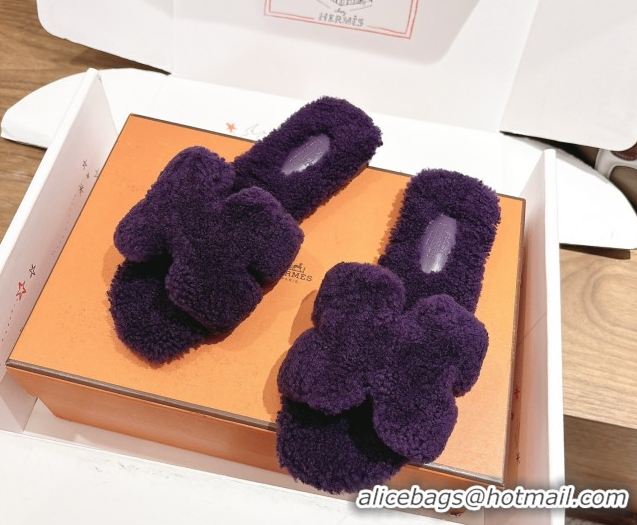 Shop Duplicate Hermes Oran Sandals in Shearling Wool H101605 Purple