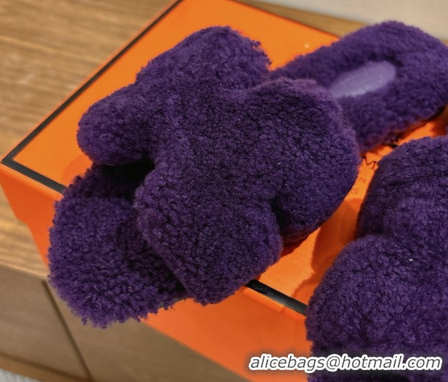 Shop Duplicate Hermes Oran Sandals in Shearling Wool H101605 Purple