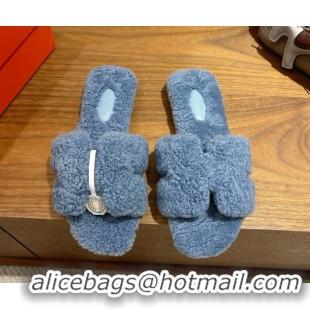 Classic Hot Hermes Oran Sandals in Shearling Wool H101608 Blue