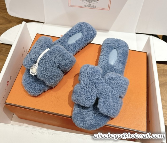 Classic Hot Hermes Oran Sandals in Shearling Wool H101608 Blue