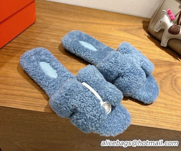 Classic Hot Hermes Oran Sandals in Shearling Wool H101608 Blue