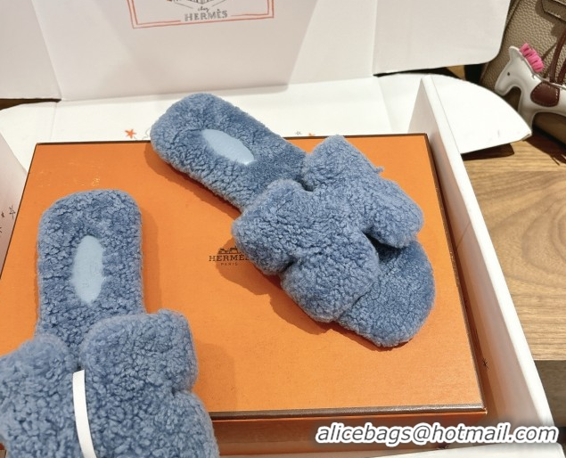 Classic Hot Hermes Oran Sandals in Shearling Wool H101608 Blue