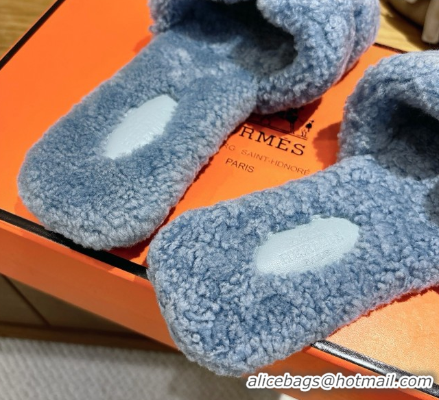Classic Hot Hermes Oran Sandals in Shearling Wool H101608 Blue